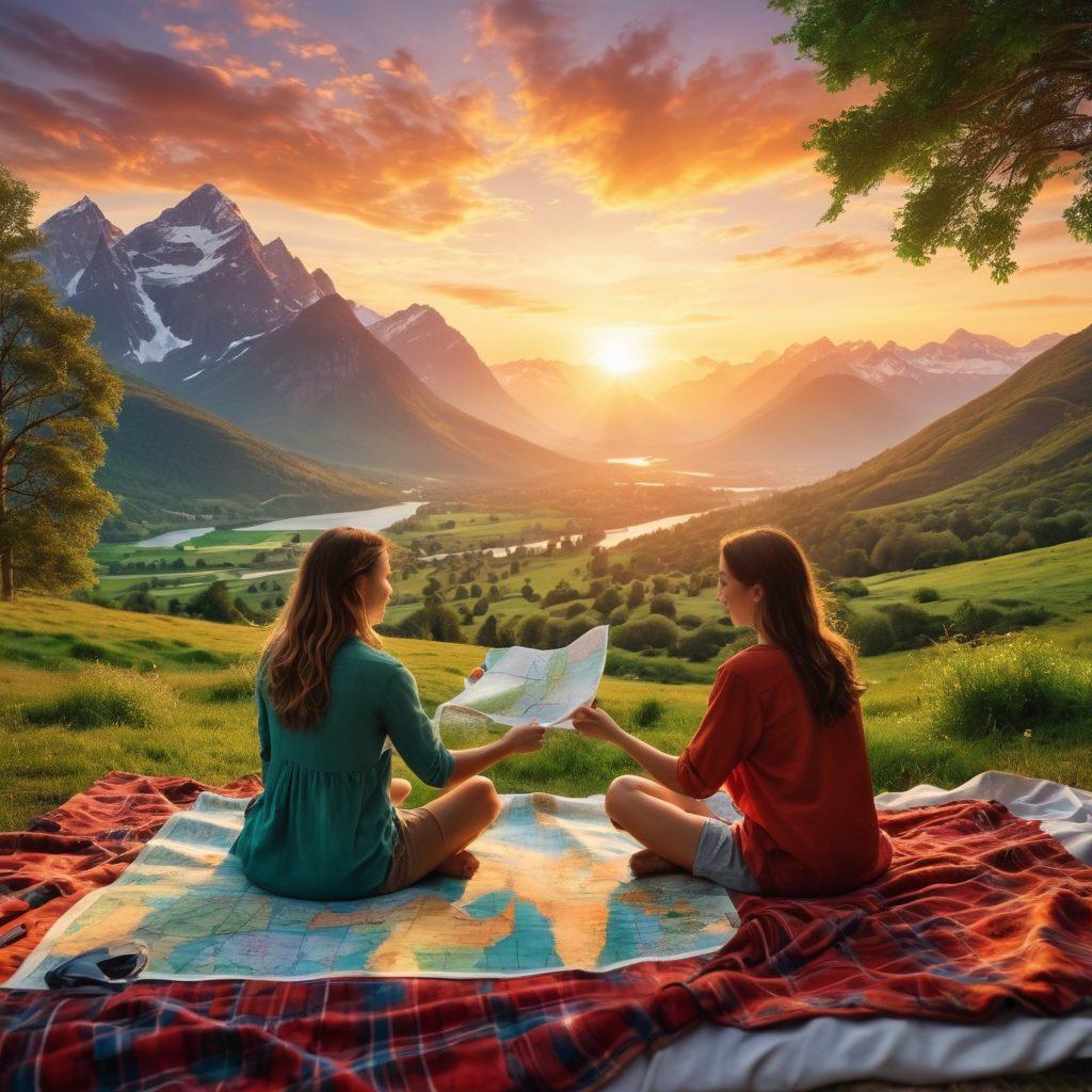 A stunning sunset over a breathtaking landscape, featuring a couple holding hands and gazing at the horizon. In the foreground, a map and travel essentials are scattered on picnic blankets, symbolizing adventure and planning. Vibrant colors illuminate the scene, with a touch of romance in the air. Capture the essence of wanderlust with lush greenery and distant mountains. super-realistic. vibrant colors. warm tones.