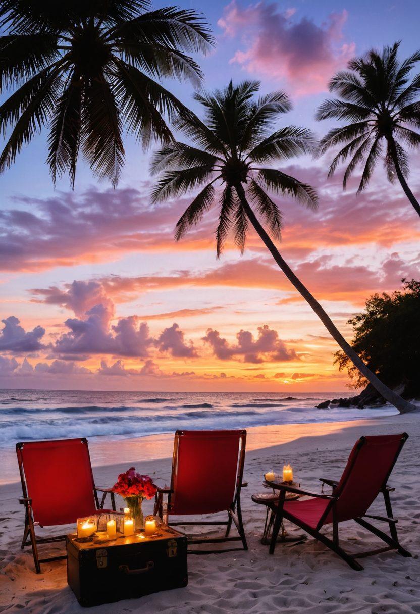 A serene sunset over a picturesque beach with two lounge chairs and a vintage suitcase filled with travel essentials. In the foreground, a romantic dinner set up with candles and flowers on a small table. Soft waves caress the shore while silhouettes of palm trees frame the scene. A heart-shaped cloud floats above, symbolizing love in the air. vibrant colors. super-realistic.