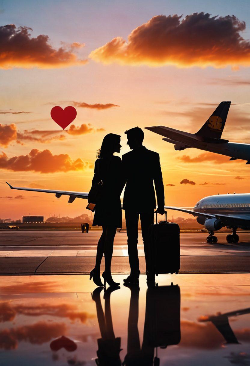 A serene sunset view at an airport with two silhouetted lovers holding hands, surrounded by soft clouds and planes taking off in the background. Include a vintage suitcase with love stickers and a boarding pass marked with a heart. The colors should evoke warmth and romance. super-realistic. vibrant colors. tranquil atmosphere.